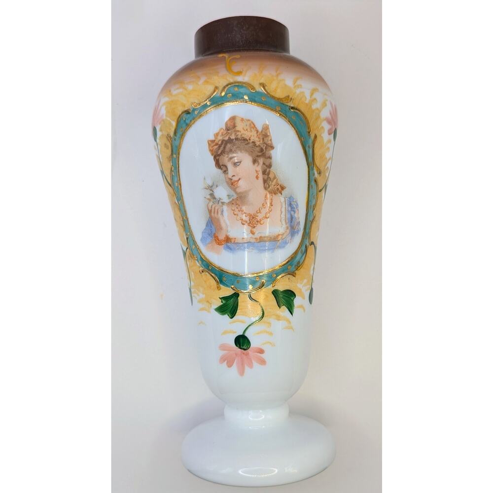 Victorian Bristol Glass Portrait Vase w/Hand Painted Gold Decor 9.5"